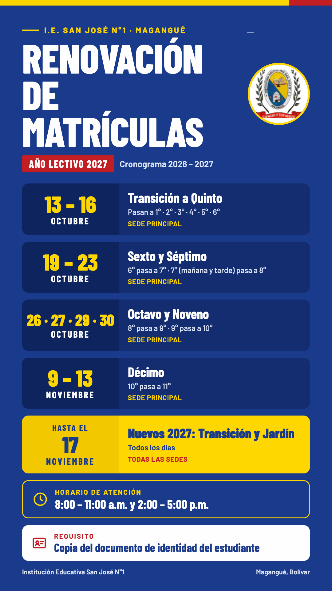 Cronograma de renovación de matrículas 2027 — I.E. San José N°1